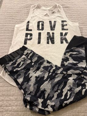PINK Victoria's Secret White Tank with Gray & Black Camo Leggings